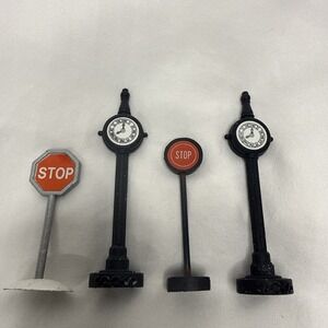 Dept 56 Original Snow Village Accessories Town Clock Lot of 4 Train Stop Sign